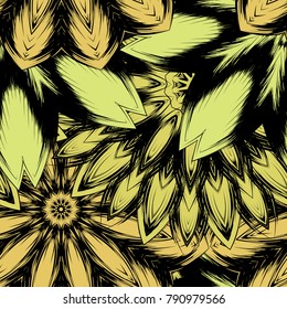 Seamless floral background. Tracery handmade nature ethnic fabric backdrop pattern with flowers. Textile design texture. Decorative color art. Vector