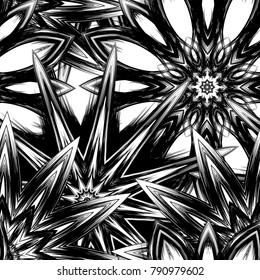 Seamless floral background. Tracery handmade nature ethnic fabric backdrop pattern with saturated dark flowers. Textile design texture. Decorative binary monochrome black and white art. Vector