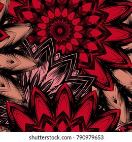 Seamless floral background. Tracery handmade nature ethnic fabric backdrop pattern with flowers. Textile design texture. Decorative color art. Vector