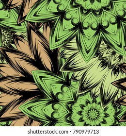 Seamless floral background. Tracery handmade nature ethnic fabric backdrop pattern with flowers. Textile design texture. Decorative color art. Vector