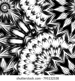 Seamless floral background. Tracery handmade nature ethnic fabric backdrop pattern with saturated dark flowers. Textile design texture. Decorative binary monochrome black and white art. Vector