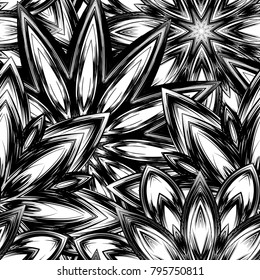 Seamless floral background. Tracery handmade nature ethnic fabric backdrop pattern with saturated dark flowers. Textile design texture. Decorative binary monochrome black and white art. Vector