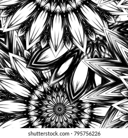 Seamless floral background. Tracery handmade nature ethnic fabric backdrop pattern with saturated dark flowers. Textile design texture. Decorative binary monochrome black and white art. Vector