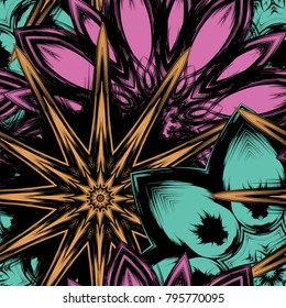 Seamless floral background. Tracery handmade nature ethnic fabric backdrop pattern with flowers. Textile design texture. Decorative color art. Vector