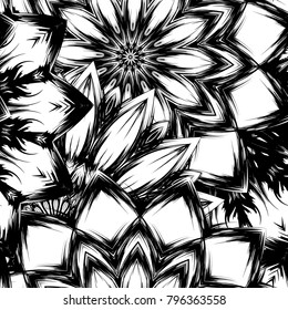 Seamless floral background. Tracery handmade nature ethnic fabric backdrop pattern with saturated dark flowers. Textile design texture. Decorative binary monochrome black and white art. Vector
