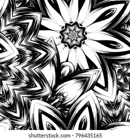 Seamless floral background. Tracery handmade nature ethnic fabric backdrop pattern with saturated dark flowers. Textile design texture. Decorative binary monochrome black and white art. Vector