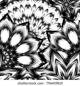 Seamless floral background. Tracery handmade nature ethnic fabric backdrop pattern with saturated dark flowers. Textile design texture. Decorative binary monochrome black and white art. Vector