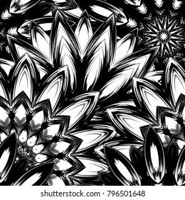 Seamless floral background. Tracery handmade nature ethnic fabric backdrop pattern with saturated dark flowers. Textile design texture. Decorative binary monochrome black and white art. Vector