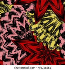 Seamless floral background. Tracery handmade nature ethnic fabric backdrop pattern with flowers. Textile design texture. Decorative color art. Vector