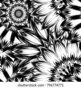 Seamless floral background. Tracery handmade nature ethnic fabric backdrop pattern with saturated dark flowers. Textile design texture. Decorative binary monochrome black and white art. Vector