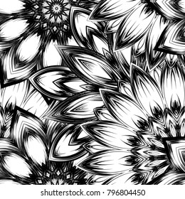 Seamless floral background. Tracery handmade nature ethnic fabric backdrop pattern with saturated dark flowers. Textile design texture. Decorative binary monochrome black and white art. Vector
