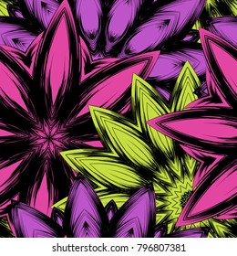 Seamless floral background. Tracery handmade nature ethnic fabric backdrop pattern with flowers. Textile design texture. Decorative color art. Vector