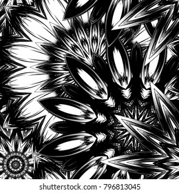 Seamless floral background. Tracery handmade nature ethnic fabric backdrop pattern with saturated dark flowers. Textile design texture. Decorative binary monochrome black and white art. Vector