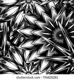 Seamless floral background. Tracery handmade nature ethnic fabric backdrop pattern with saturated dark flowers. Textile design texture. Decorative binary monochrome black and white art. Vector