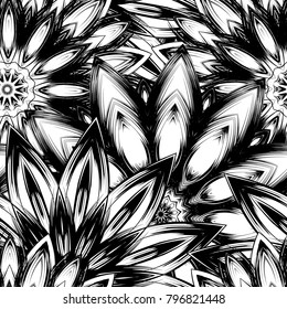 Seamless floral background. Tracery handmade nature ethnic fabric backdrop pattern with saturated dark flowers. Textile design texture. Decorative binary monochrome black and white art. Vector