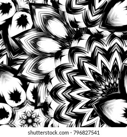 Seamless floral background. Tracery handmade nature ethnic fabric backdrop pattern with saturated dark flowers. Textile design texture. Decorative binary monochrome black and white art. Vector