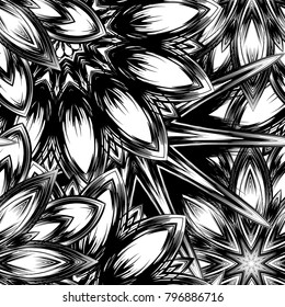 Seamless floral background. Tracery handmade nature ethnic fabric backdrop pattern with saturated dark flowers. Textile design texture. Decorative binary monochrome black and white art. Vector