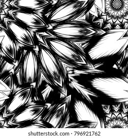 Seamless floral background. Tracery handmade nature ethnic fabric backdrop pattern with saturated dark flowers. Textile design texture. Decorative binary monochrome black and white art. Vector