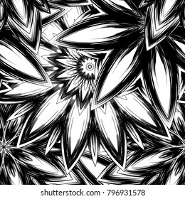 Seamless floral background. Tracery handmade nature ethnic fabric backdrop pattern with saturated dark flowers. Textile design texture. Decorative binary monochrome black and white art. Vector