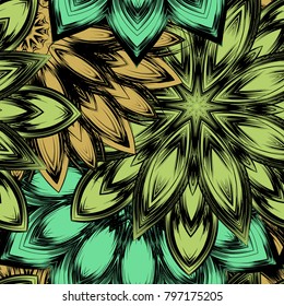 Seamless floral background. Tracery handmade nature ethnic fabric backdrop pattern with flowers. Textile design texture. Decorative color art. Vector