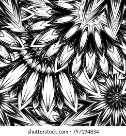 Seamless floral background. Tracery handmade nature ethnic fabric backdrop pattern with saturated dark flowers. Textile design texture. Decorative binary monochrome black and white art. Vector