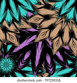 Seamless floral background. Tracery handmade nature ethnic fabric backdrop pattern with flowers. Textile design texture. Decorative color art. Vector