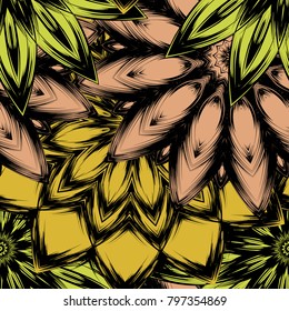 Seamless floral background. Tracery handmade nature ethnic fabric backdrop pattern with flowers. Textile design texture. Decorative color art. Vector