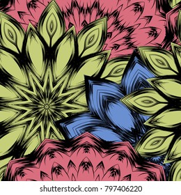 Seamless floral background. Tracery handmade nature ethnic fabric backdrop pattern with flowers. Textile design texture. Decorative color art. Vector