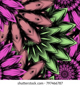 Seamless floral background. Tracery handmade nature ethnic fabric backdrop pattern with flowers. Textile design texture. Decorative color art. Vector
