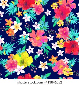 Seamless floral  background. Tropical colorful pattern. Isolated beautiful flowers and leaves drawn watercolor on blue background. Vector illustration.