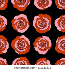 Seamless floral background. Tropical colorful seamless pattern. Isolated beautiful flowers drawn watercolor in orange and pink colors on black background. Vector illustration.