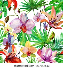 Seamless floral background with tropical flowers and leaves. Hand painted watercolor painting. Vector.