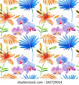 Seamless floral background with tropical flowers and leaves. Hand painted watercolor painting. Vector.