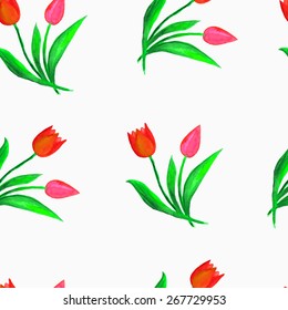 Seamless floral background with tulips. Vector pattern with watercolor painted elements. 