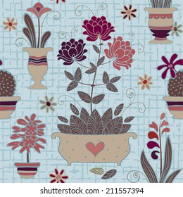 Seamless floral background with various pot plants. Abstract flowers in a flowerpots. Vector illustration.