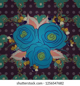 Seamless floral background. Vector illustration. Tropical colorful seamless pattern. Isolated beautiful flowers drawn watercolor in violet, yellow and blue colors.