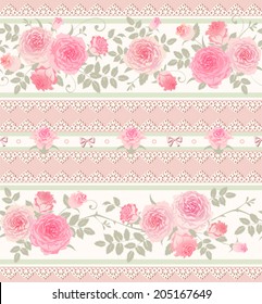 Seamless floral background. Vector pattern with roses, lace and bows. Shabby chic style.