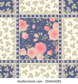 Seamless floral background. Vector pattern with roses, leaves and laces. Shabby chic style checkered ornament.
