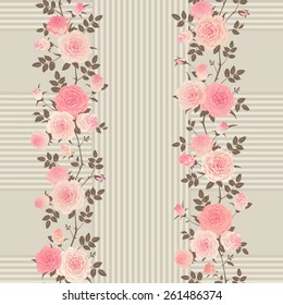 Seamless floral background. Vector pattern with english roses, leaves and stripes.