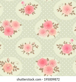 Seamless floral background. Vector polka dot pattern with bouquets of roses.