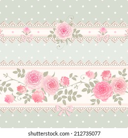 Seamless floral background. Vector polka dot pattern with lace, bows and pink roses. Shabby chic style.