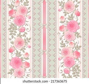 Seamless floral background. Vector polka dot striped pattern with lace, bows and roses. Shabby chic style.