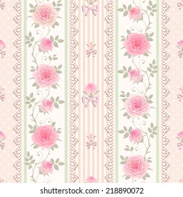 Seamless floral background. Vector polka dot striped pattern with lace, bows and climbing roses. Shabby chic style.