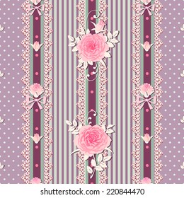 Seamless floral background. Vector polka dot striped pattern with laces, bows and pink roses.