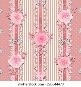 Seamless floral background. Vector polka dot striped pattern with lace, bows and roses. Shabby chic style.