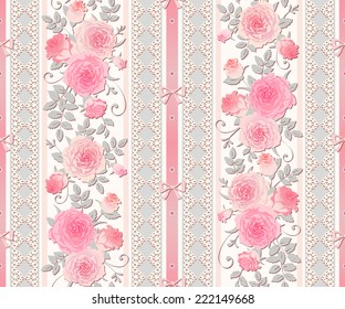Seamless floral background. Vector polka dot striped pattern with laces, bows and roses. Shabby chic style.