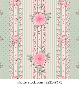 Seamless floral background. Vector polka dot striped pattern with laces, bows and roses. Shabby chic style.
