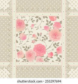 Seamless floral background. Vector polka dot pattern with roses, leaves and laces. Shabby chic style checkered ornament.