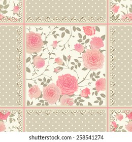 Seamless floral background. Vector polka dot pattern with roses, leaves and laces. Shabby chic style checkered ornament.