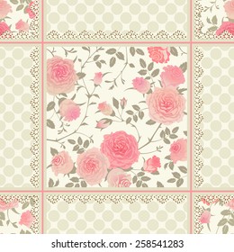 Seamless floral background. Vector polka dot pattern with roses, leaves and laces. Shabby chic style checkered ornament.